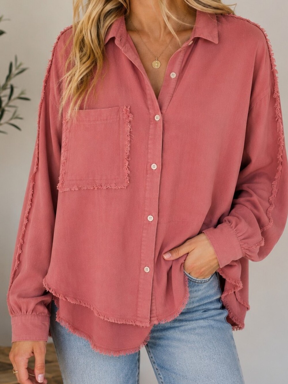 AEMI + CO Frayed Hem Button-Down Shirt - Dusty Rose/ Oversized